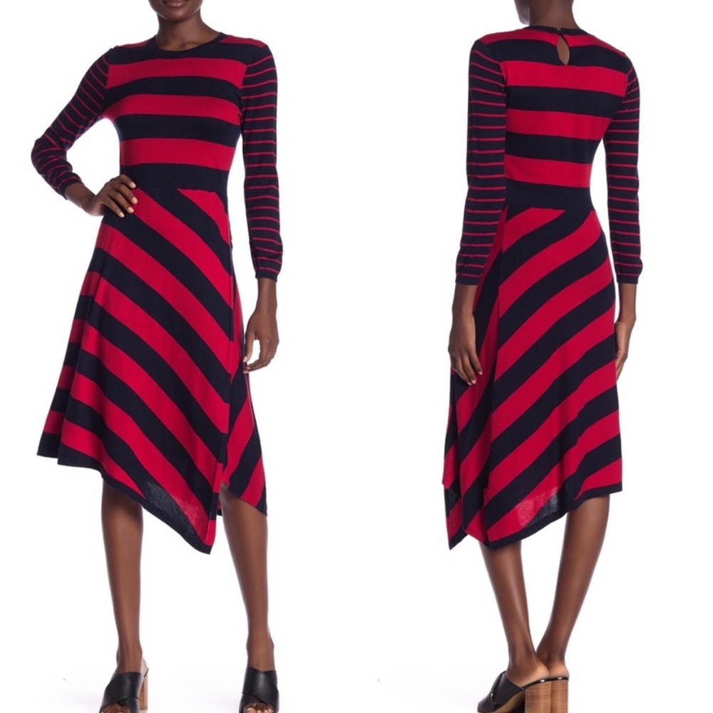 Joie Ecedra Faux Wrap Stripe Knit Sweater Dress Midnight Blue‎ Cherry Red Small